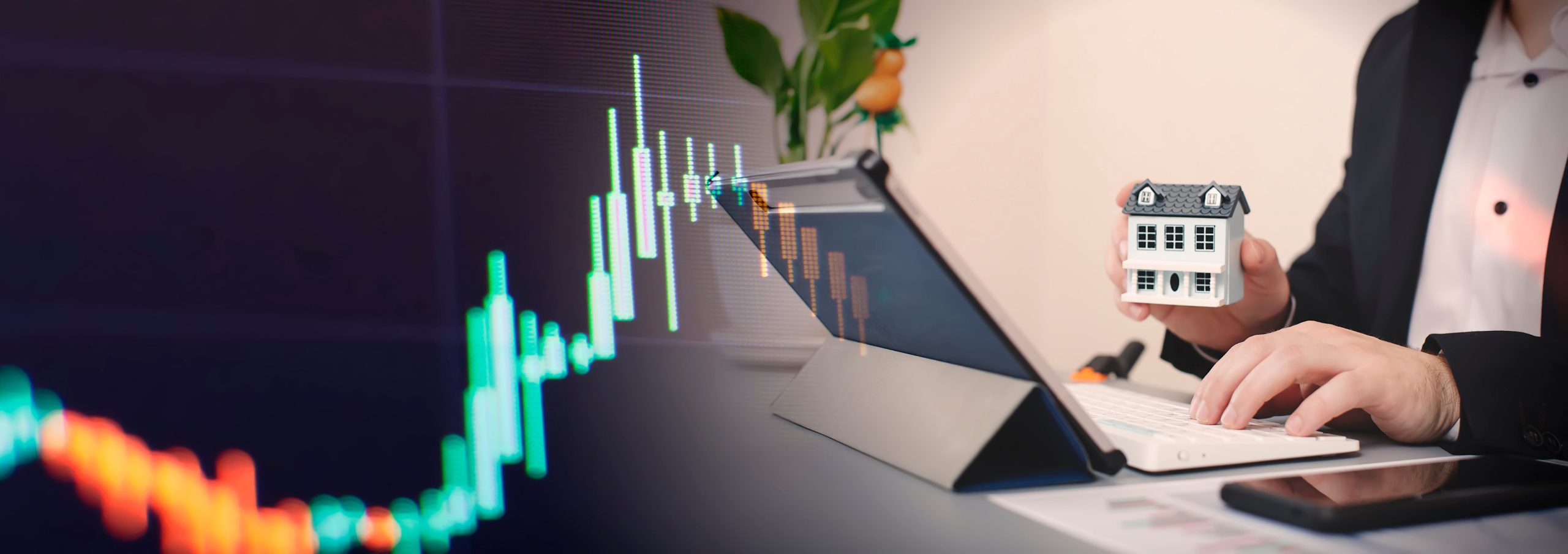 A man with a model of a house on the background