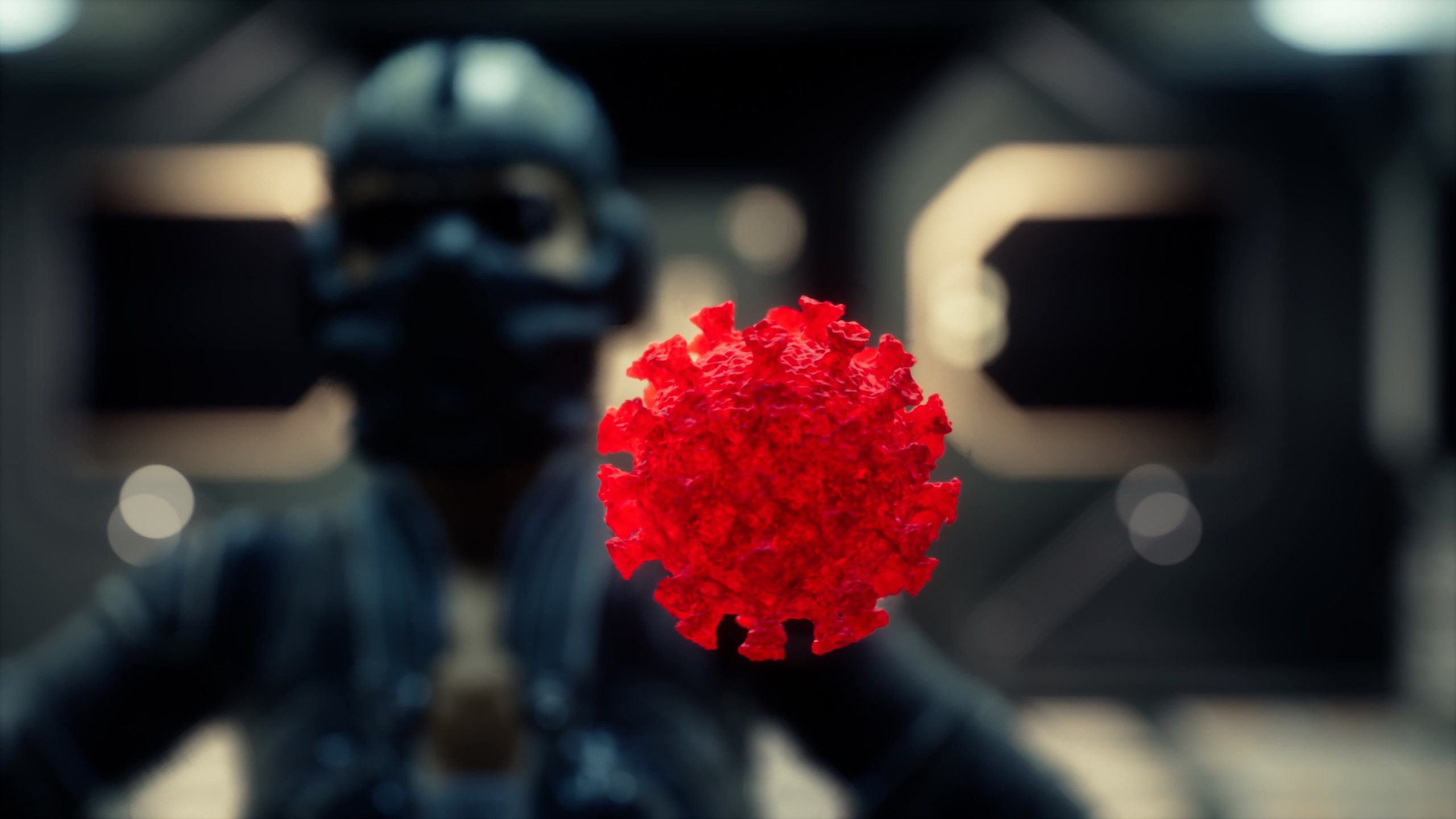 woman in protective medical mask on her face looking at COVID-19 coronavirus